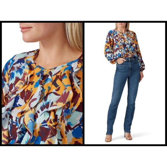 💕PRABAL GURUNG💕 COLECTIVE Ochre Floral Ruffle Front Blouse ~ 14 NWOT - Picture 2 of 14